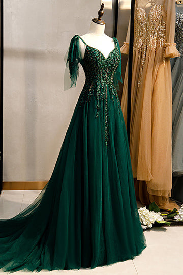 A-Line Spaghetti Straps Dark Green Ball Dress with Beading